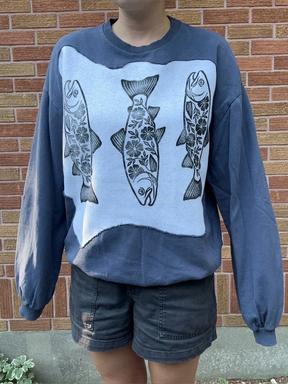 Upcycled Trout Block Print Sweater